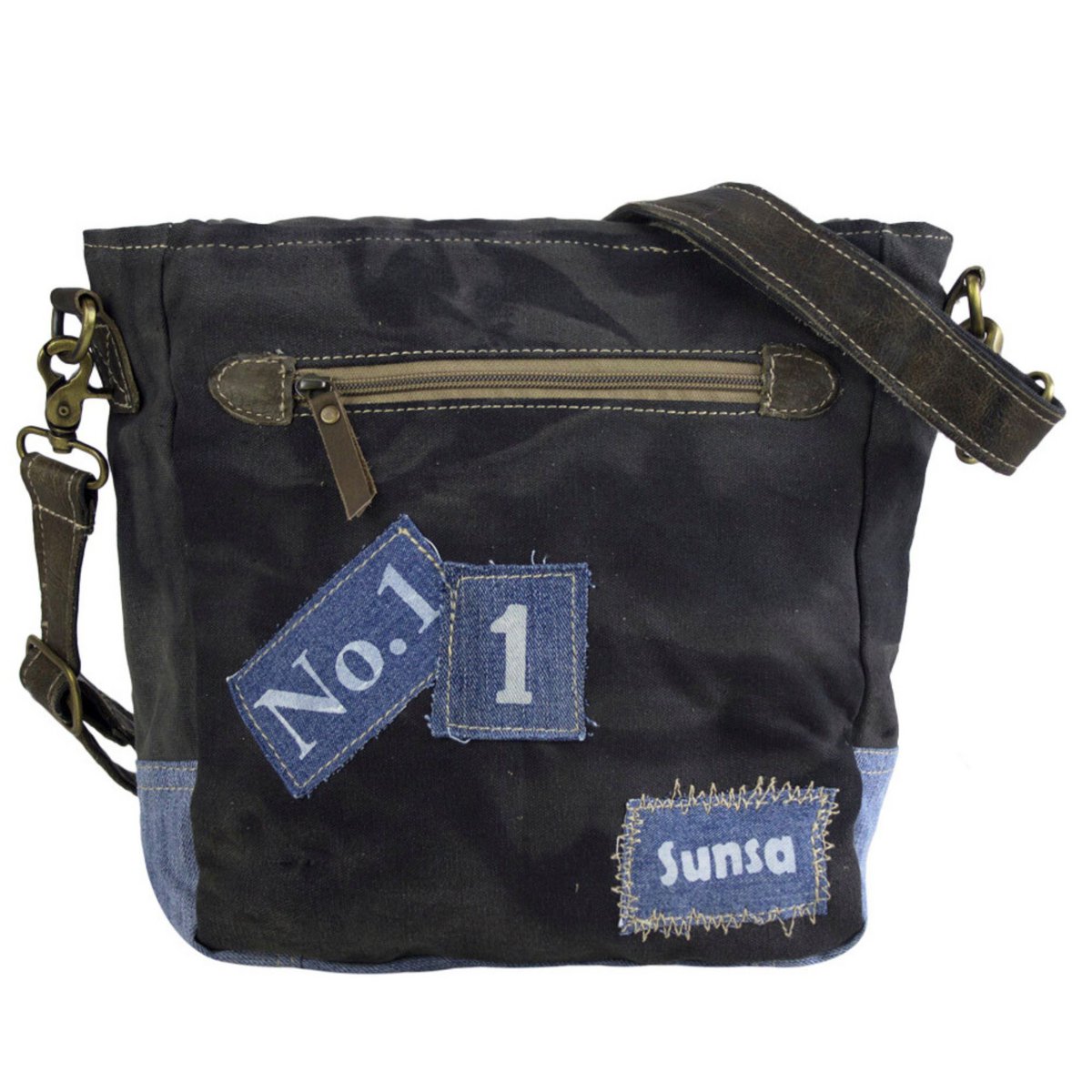 Sac messager Sunsa pour femme. Sac à main fabriqué à partir de jeans et de toile upcyclés. Sac bandoulière forme messager. Sac bandoulière de style vintage. Grand sac bandoulière pour femme.