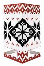 A red, white, and black knitted candle holder with a snowflake pattern, suitable for Christmas decor.