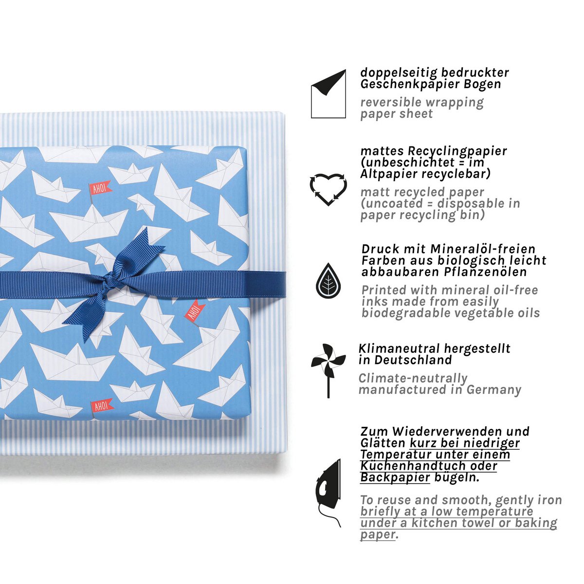Blauw inpakpapier met papieren boten en strepen - lichtblauw inpakpapier met papieren bootpatroon, ideaal voor kinderverjaardag, doop, geboorte.