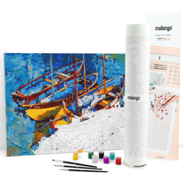 Colorful painting of boats in the sea, with vibrant hues of blue, orange, and red. The boats have a distinct, artistic style with intricate details.