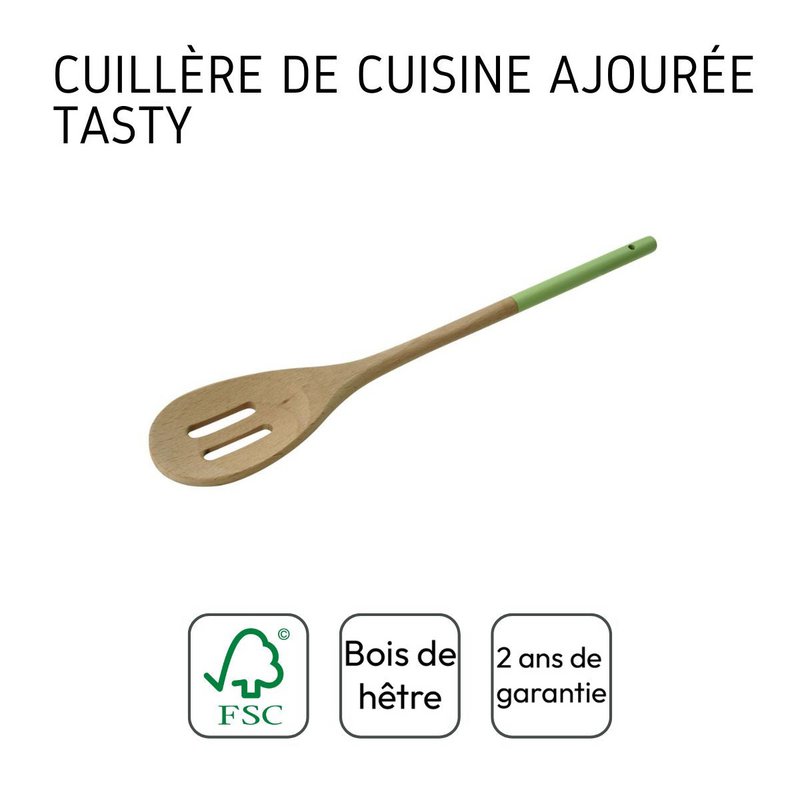 Openwork wooden kitchen spoon 30 x 5.5 cm Tasty Green