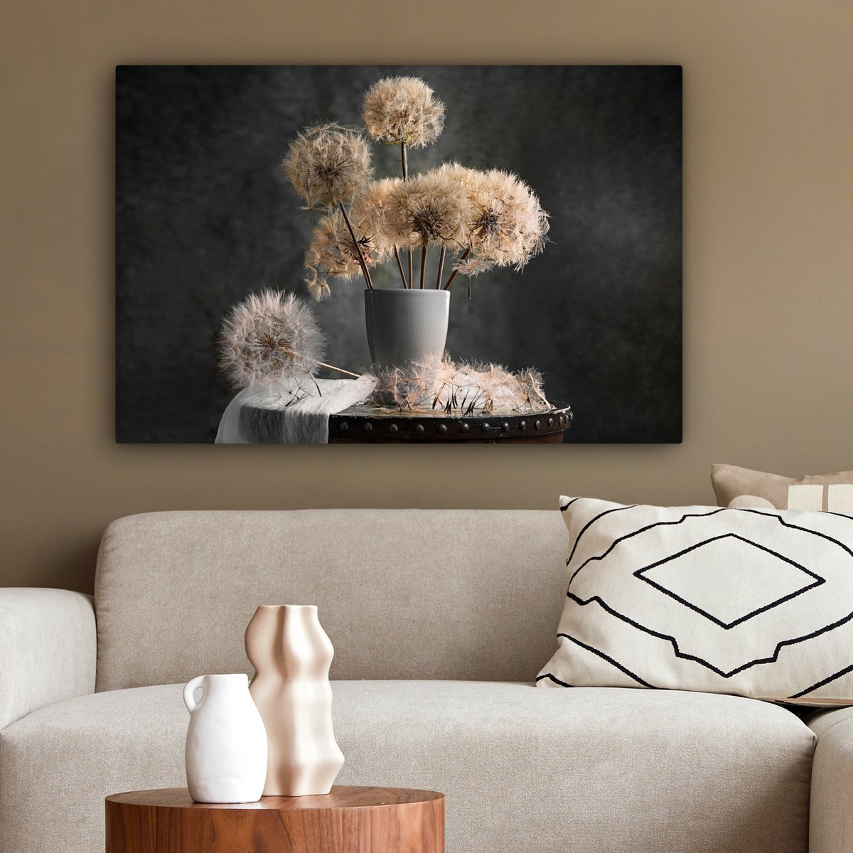 Leinwand Malerei - Wanddekoration - Blumensamen - Löwenzahn - Vase - Stillleben - Bouquet