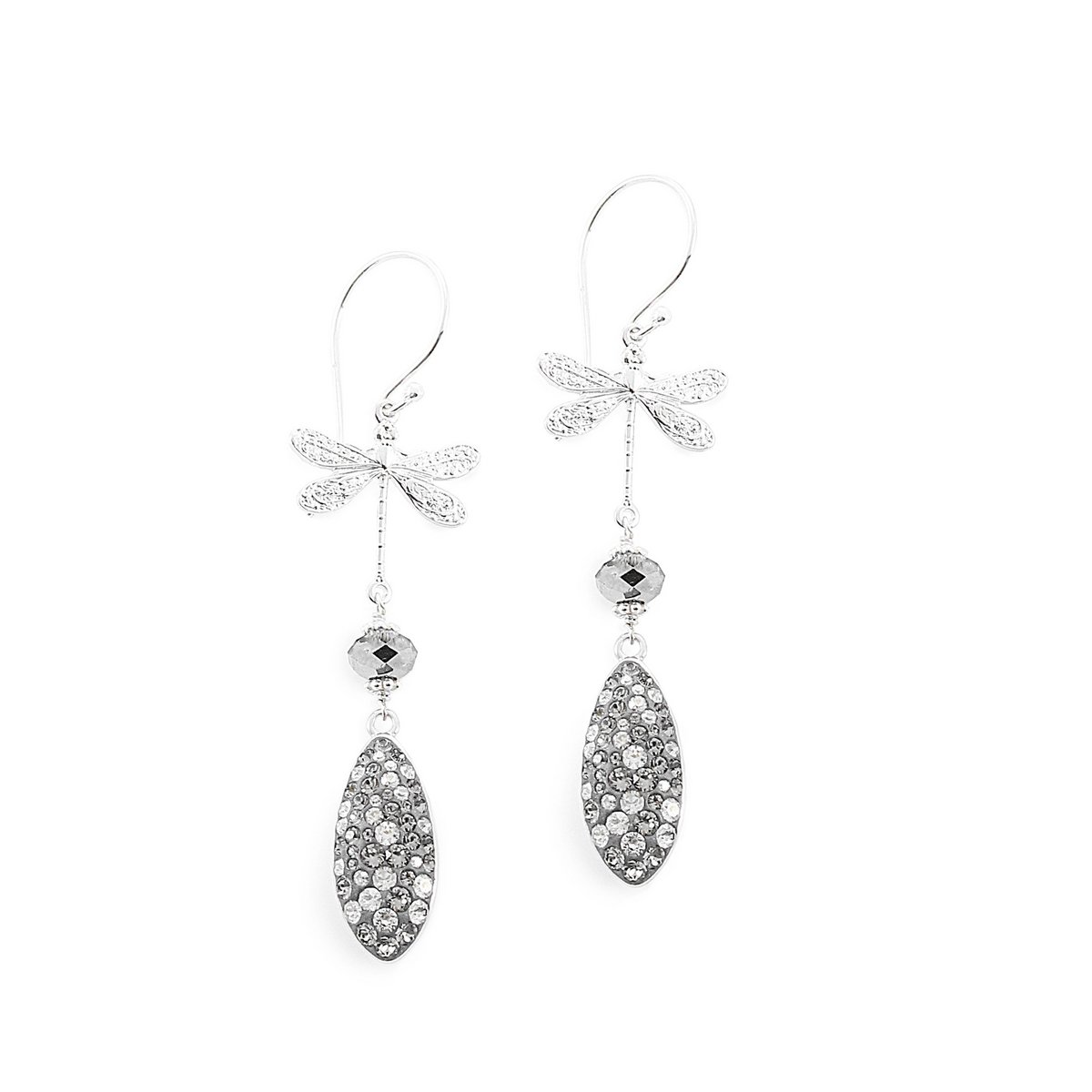 Rhodium plated dragonfly earrings with grey crystal drops