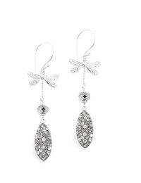 Rhodium plated dragonfly earrings with grey crystal drops