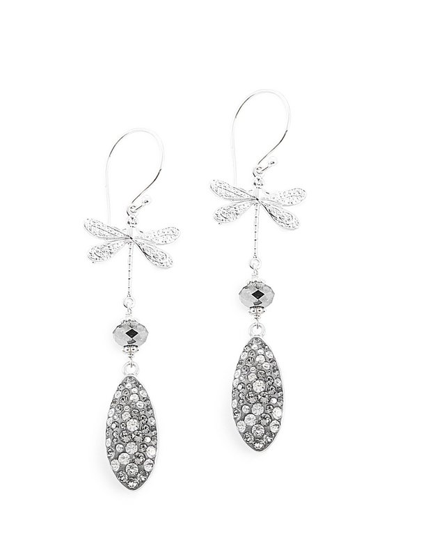 Rhodium plated dragonfly earrings with grey crystal drops