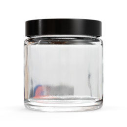 Clear glass jar with black lid, suitable for body oils. Available in 120 ml, 250 ml, 500 ml, and 50 ml sizes.