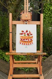 Strawberry cake illustration poster, red berries, orange cake layers, decorative food art print.