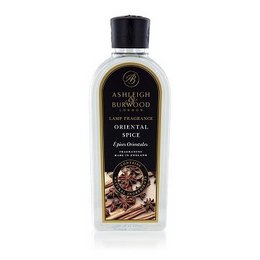 Fragrant oriental spice lamp oil in a glass bottle with a black cap. The oil has a warm, aromatic scent with notes of cinnamon, clove, and other exotic spices.