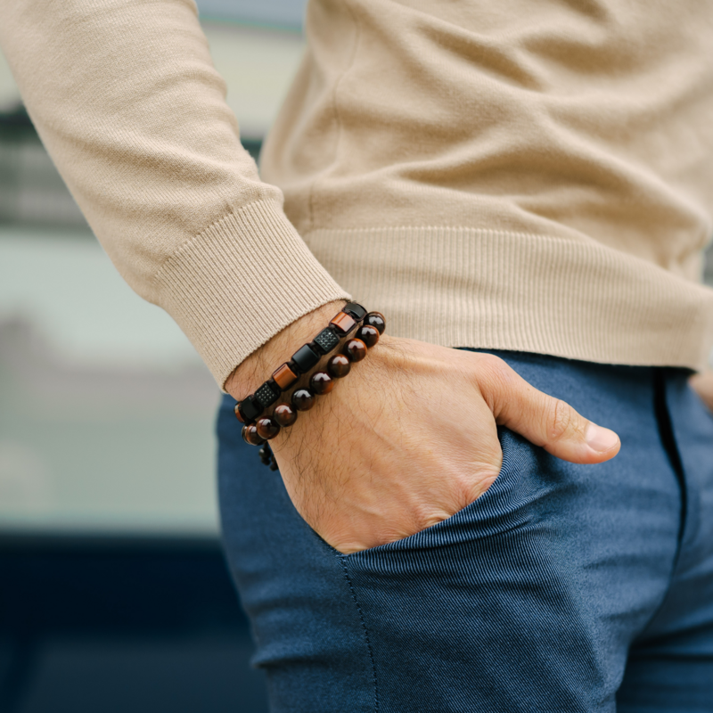 Roter Tigerauge für Männer, schwarzes Onyx Flat Perlenarmband