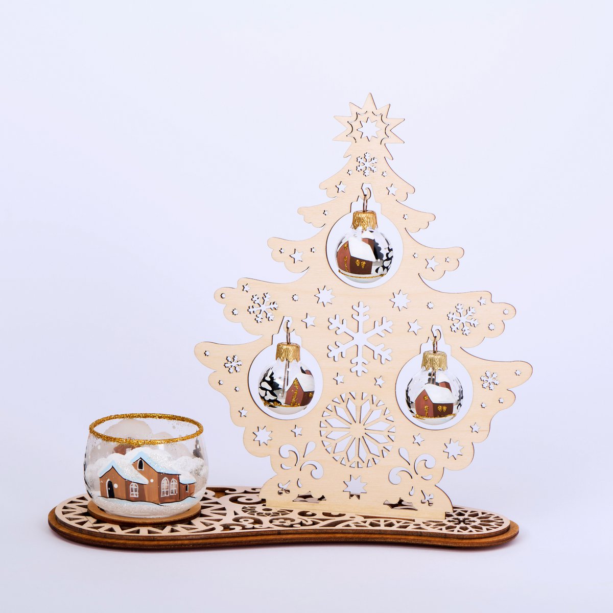 Tannenbaum Set mit Windlicht und Weihnachtskugeln