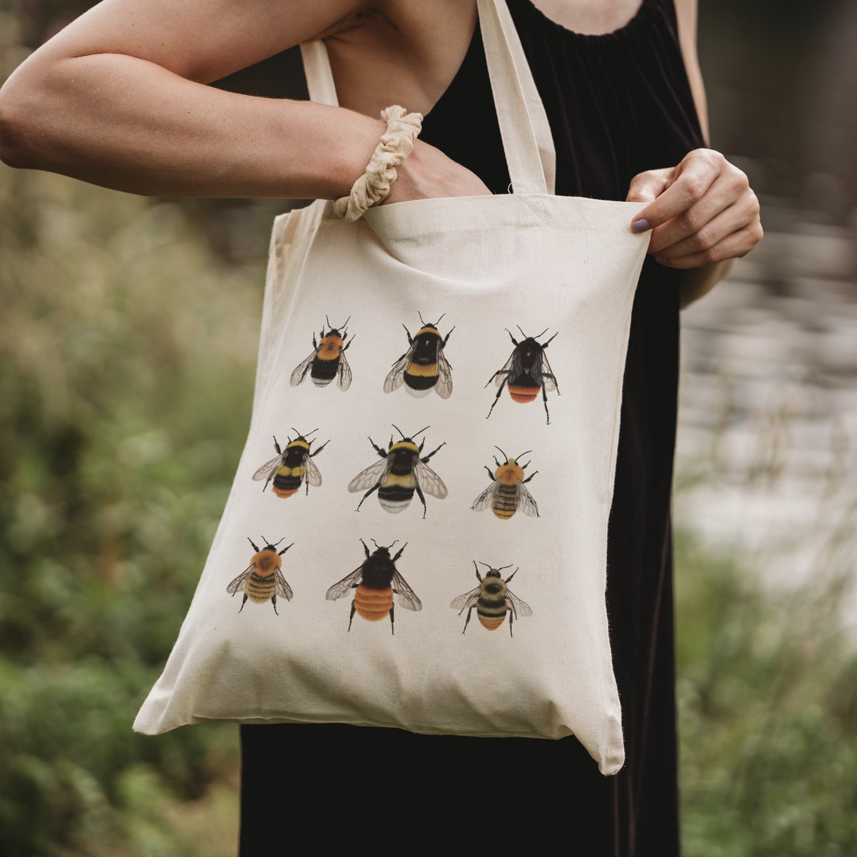 Bio Baumwolltasche Hummeln, Stofftasche bedruckt, Jutebeutel für Naturliebhaber