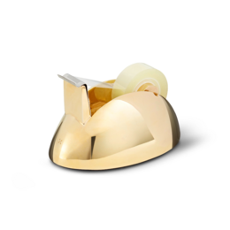  Brass tape dispenser with a sleek, modern design. Features a curved, metallic body in a shiny brass finish. Provides a convenient way to store and dispense tape for office or home use.