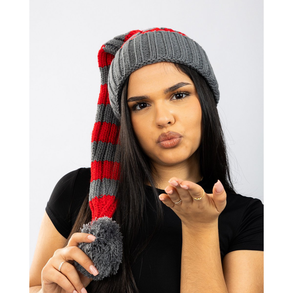 Santa hat - Red/grey striped coarse knit