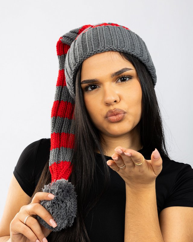 Santa hat - Red/grey striped coarse knit