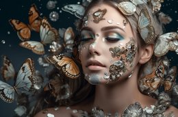 Vibrant poster featuring a woman's face surrounded by colorful butterflies. Suitable for home decor or art enthusiasts.