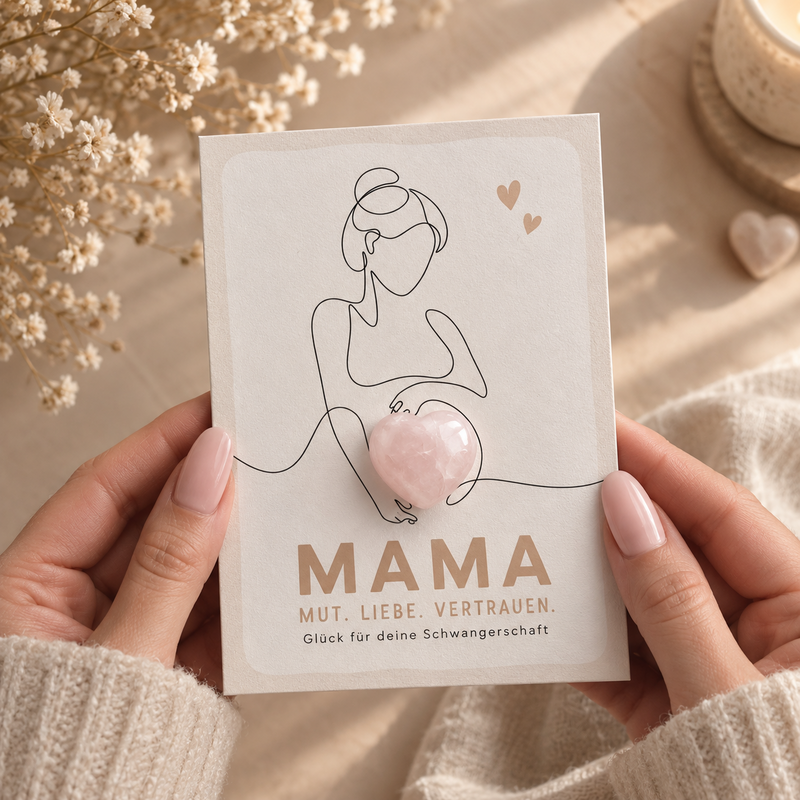 Pregnancy card with genuine rose quartz, postcard congratulations 
