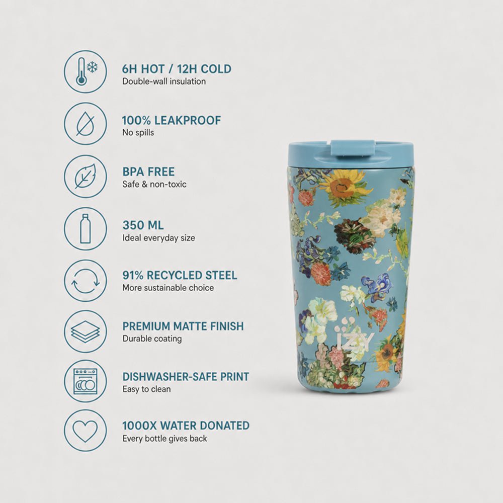 Izy Thermos Mech - Vincent's Blumen (grün) - 350 ml to -go isolierter Kaffeetasse