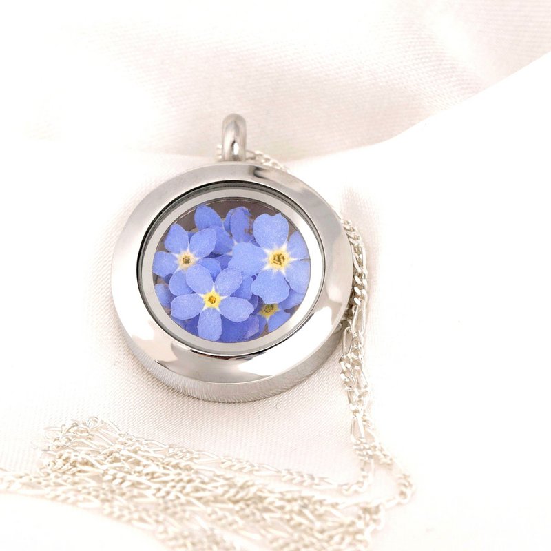 Vergeet-mij-niet bloemenmedaillon - glazen medaillon met echte bloemen 925 sterling zilveren ketting - K925-134