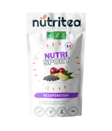 Organic muscle recovery tea with natural ingredients including cherry, turmeric, and ginger. Supports post-workout recovery.
