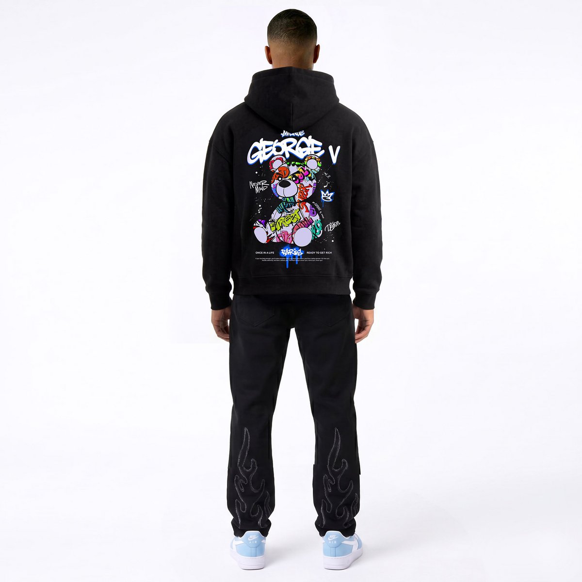 Kapuzenpullover mit Teddybär-Print Schwarz