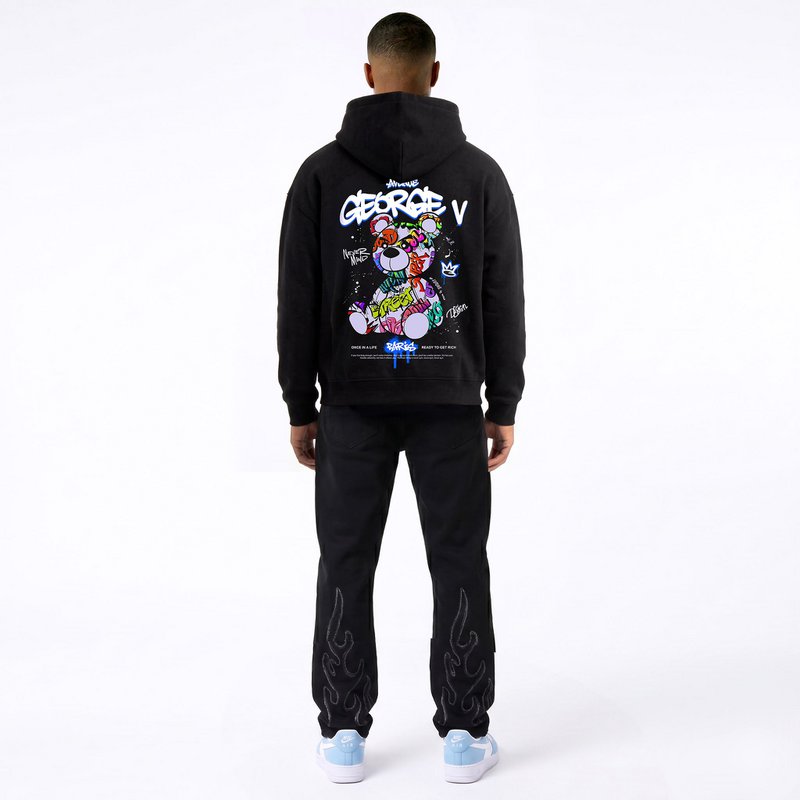 Kapuzenpullover mit Teddybär-Print Schwarz