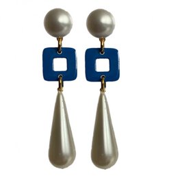 Elegant navy blue square and pearl drop earrings