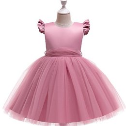 A pink tulle dress with puff sleeves and a full skirt, suitable for a baby or toddler girl. The dress is available in sizes 3T to 10T and comes in white, dark pink, and champagne color options.