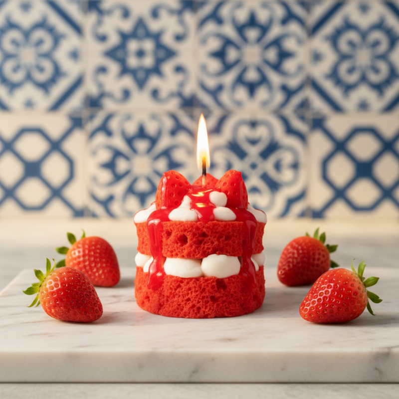 LAVURI® RED Velvet Strawberry cake with whipped cream and fruit as a topping on a red, fluffy cake base – a gourmet dessert candle made from 100% soy wax