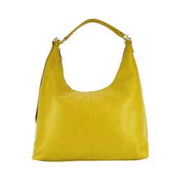 RB1017AR | Soft women's shoulder bag in genuine leather Made in Italy with single handle and removable shoulder strap. Attachments with shiny gold metal snap hooks - Mustard color - Dimensions: 36 x 40 x 13 cm