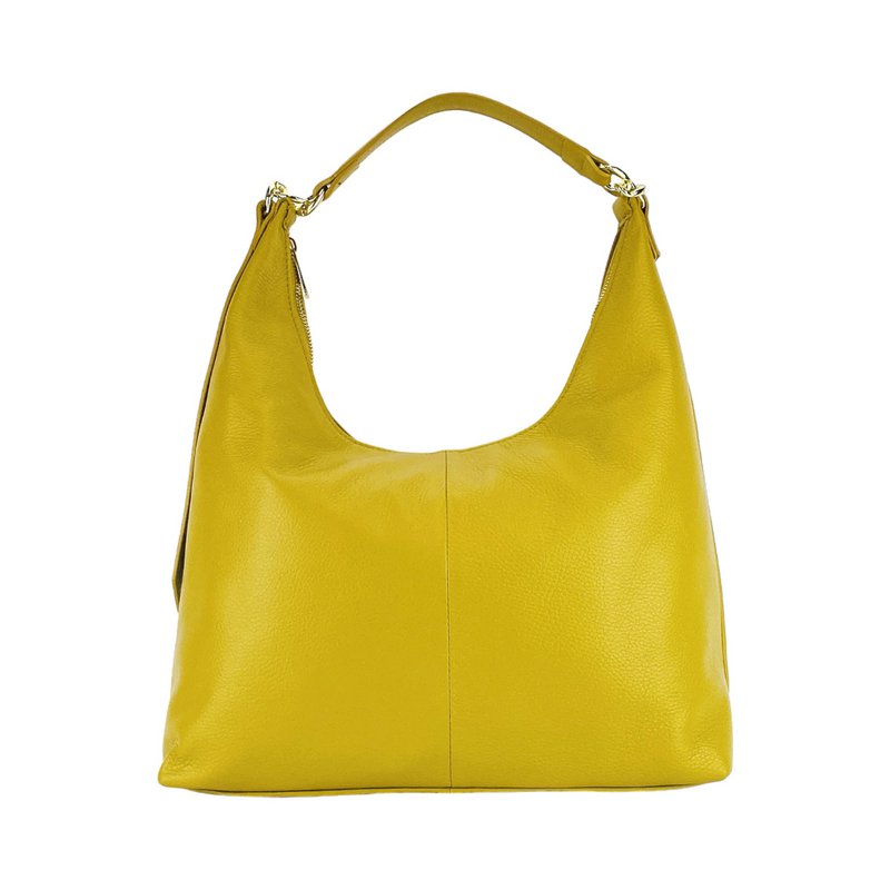 RB1017AR | Soft women's shoulder bag in genuine leather Made in Italy with single handle and removable shoulder strap. Attachments with shiny gold metal snap hooks - Mustard color - Dimensions: 36 x 40 x 13 cm