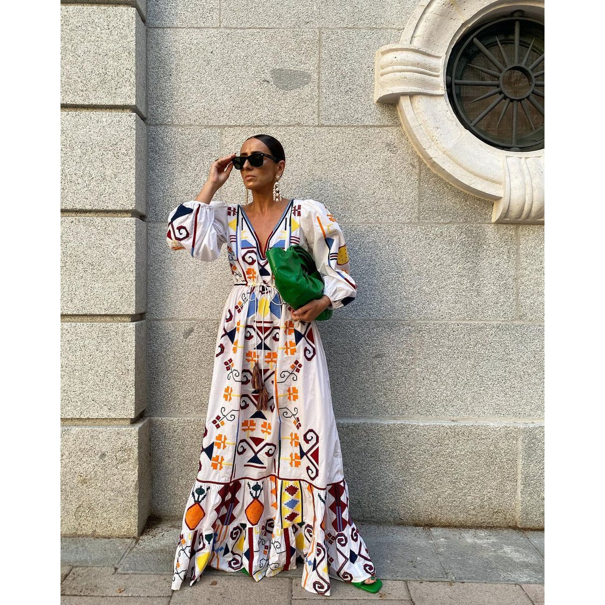 Abito Boho stampato a maniche lunghe con scollo a V da donna