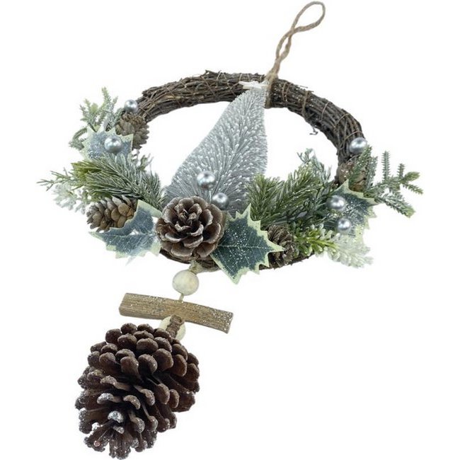 Corona di Natale in rattan - Bacca bianca | ø 39 cm | Opportunità natalizia decorativa in rattan e pigne con albero di Natale | bianco