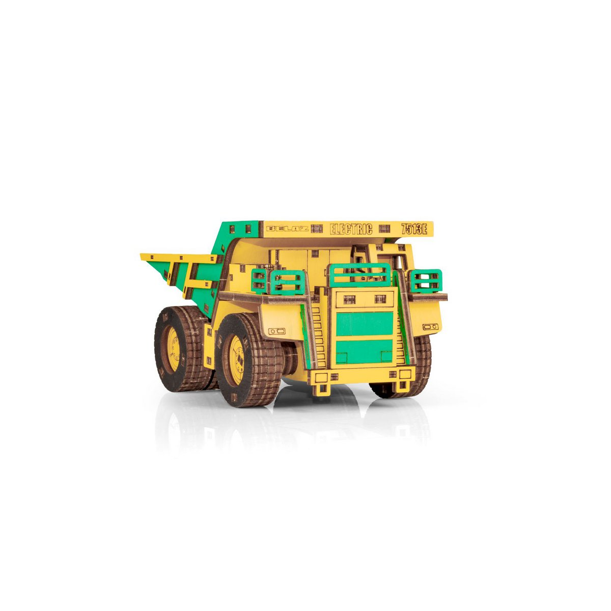 Eco Wood Art (EWA) 3D-Puzzle aus mechanischem Holz, Bergbau-Muldenkipper Belaz-7513E, 4219, Farbe Gelb und Grün, 17 x 10 x 9 cm