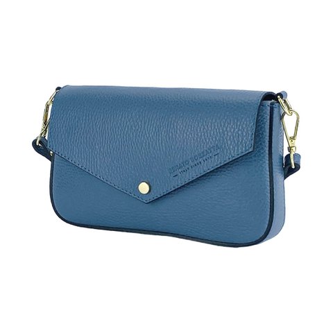 RB1023P | Kleine Umhängetasche mit abnehmbarem Kettenschultergurt aus echtem Leder, hergestellt in Italien. Verschlussklappe. Accessoires aus poliertem Goldmetall – Farbe Luftwaffenblau – Maße: 22 x 12 x 3 cm