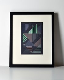 Geometric abstract art print featuring intersecting lines and shapes in shades of blue, green, and gray.
