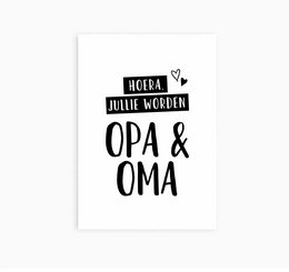 Postcard with text "Heute wirst du Opa & Oma" (Today you will become Grandpa & Grandma) in black text on a white background, with a heart icon.