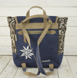 Domelo Trachten Rucksack/ Umhängetasche für Mädchen. Backpack aus Jeansstoff und Canvas mit Reh-Motiv