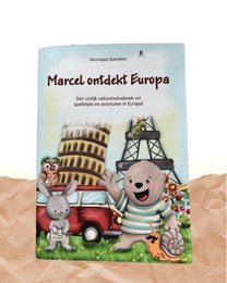 Colorful children's book cover featuring a cartoon character exploring Europe, with illustrations of landmarks like the Eiffel Tower. The book appears to be about a character named Marcel discovering Europe.