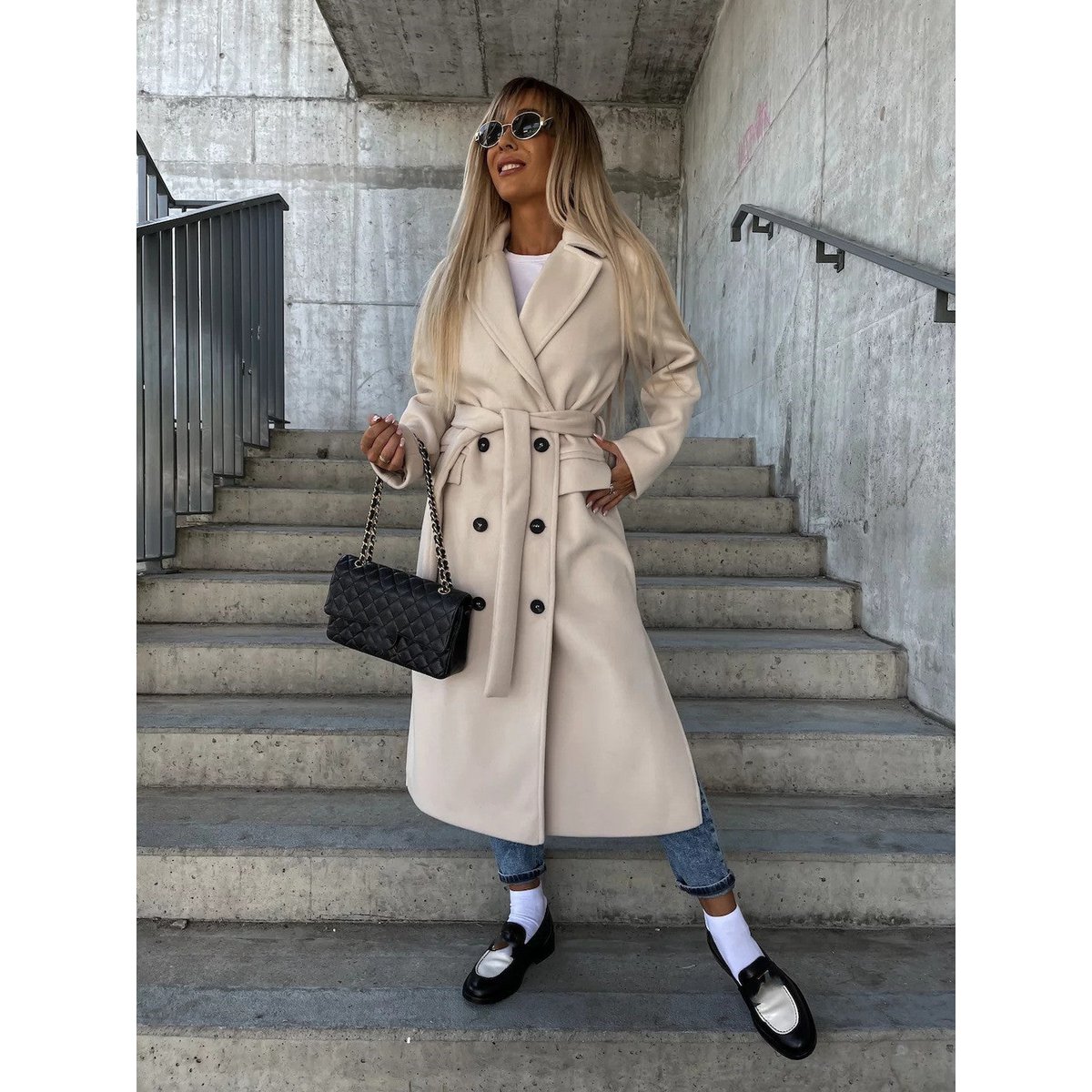 Double-breasted Lapel Split Jacket With Belt Winter Fashion Casual Long Sleeve Button Daily Coats For Women Clothing