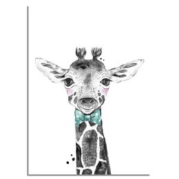 Giraffe wall art poster with a black and white illustration of a giraffe wearing a bow tie. Available in various sizes and framing options.
