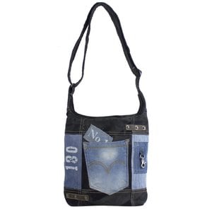 Sunsa Sustainable Hobo Bag. Pouch bag made from recycled jeans & canvas (canvas). Ladies/ girls shoulder bag with adjustable handle. Light large fabric bag with zipper black