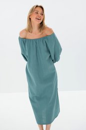 MOON — Vestido midi de lino lavado a la piedra con hombros descubiertos