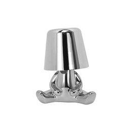  Silver metallic table lamp with modern sculptural base, cylindrical shade, contemporary design, sleek finish.