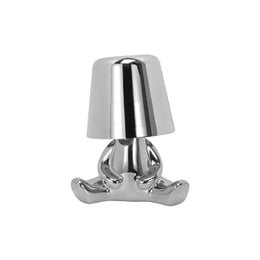 Silver metallic table lamp with modern sculptural base, cylindrical shade, contemporary design, sleek finish.