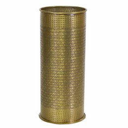 Tall, round, gold-colored umbrella stand with a textured, hammered metal surface.