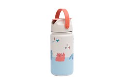 Insulated stainless steel bottle with a colorful cat design, suitable for kids. The bottle features a red handle and a blue and white pattern with cat silhouettes.
