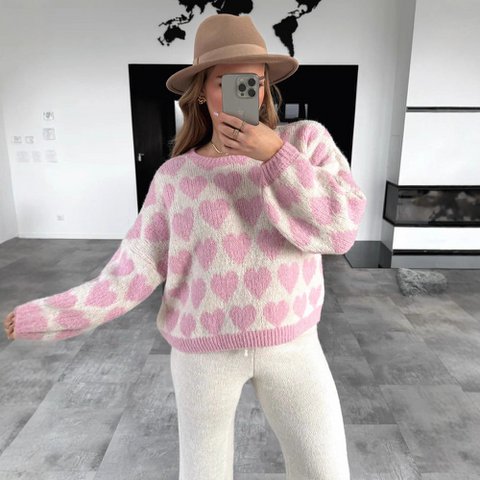 Hartjacquard kleurcontrast korte gebreide Valentijnsdagsweater