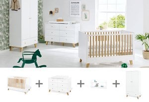 Nursery 'Pan' extra wide, incl. wall shelf
4 parts: cot bed, extra wide changing unit, 2-door wardrobe, wall shelf