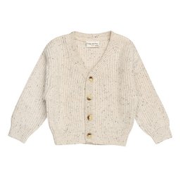 Beige knit cardigan with button closure, featuring a classic ribbed texture and a relaxed, comfortable fit for babies.