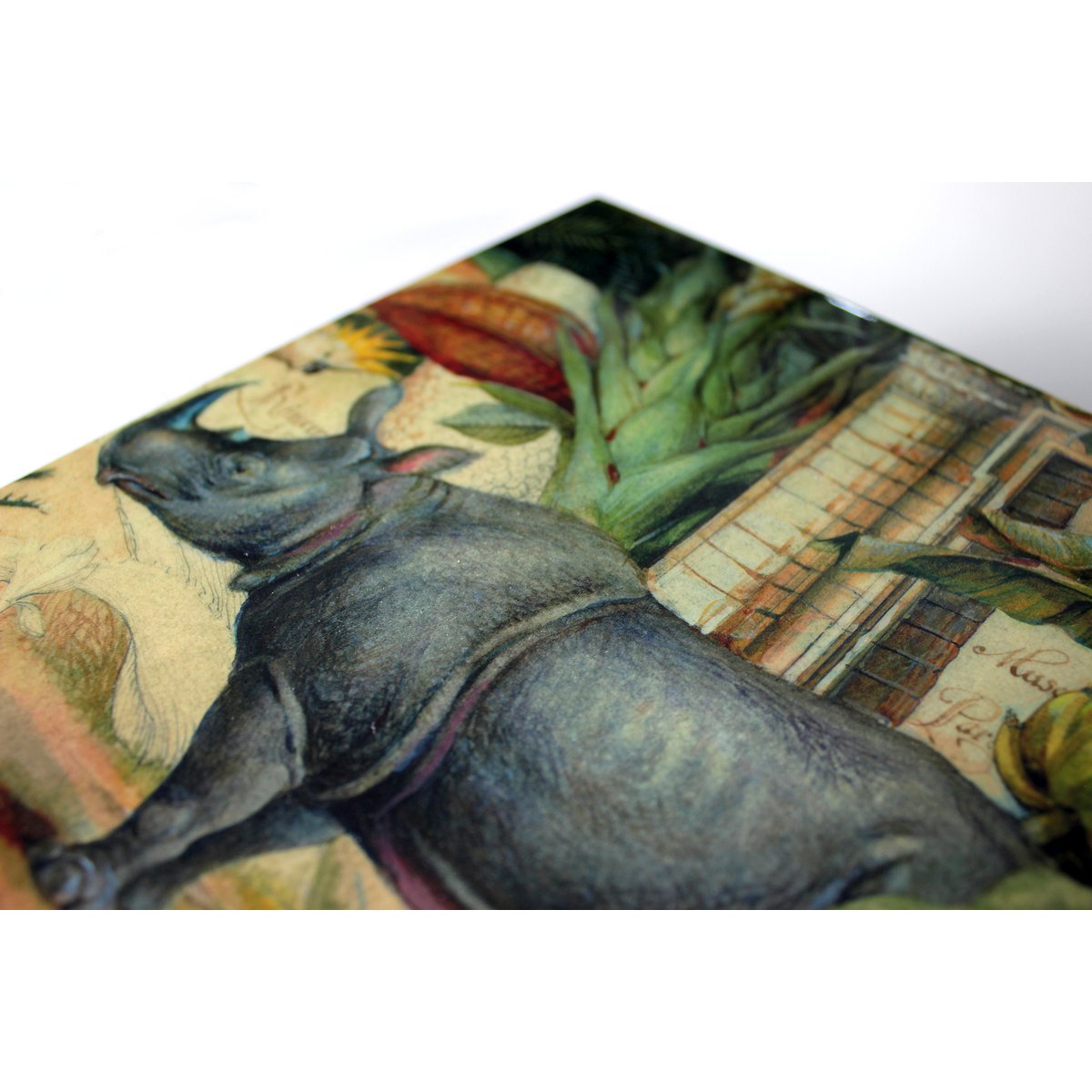 Box rhino palm trees antique painting square green